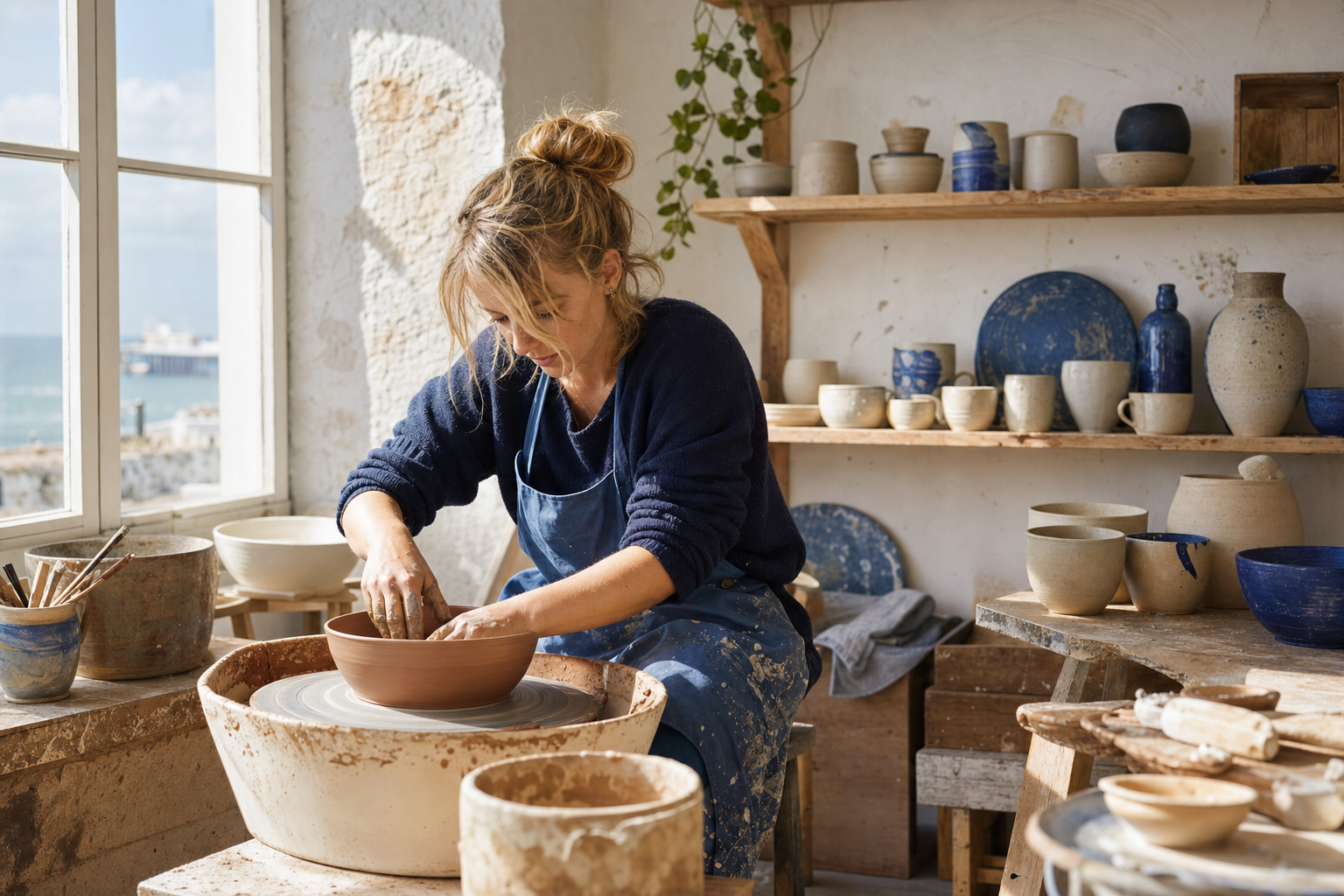 Potter working clay by hand at the studio table